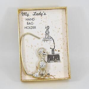 VTG Goldtone 2" Poodle Dog My Lady's Handbag Purse Holder Jeweled Eyes NOS
